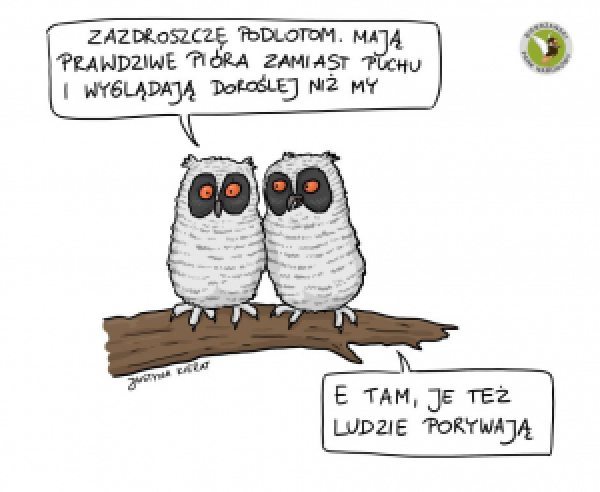 Rysunek komiksowy z ptakami, które ze osobą rozmawiają.