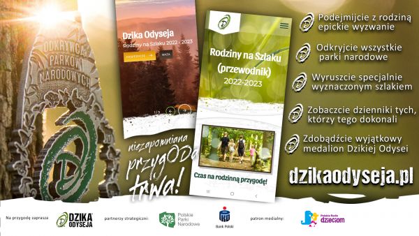 Plakat projektu Dzika Odyseja. Zdjęcie medalu do zdobycia, zdjęcie lasu i rodziny spacerującej w terenie. Informacje...