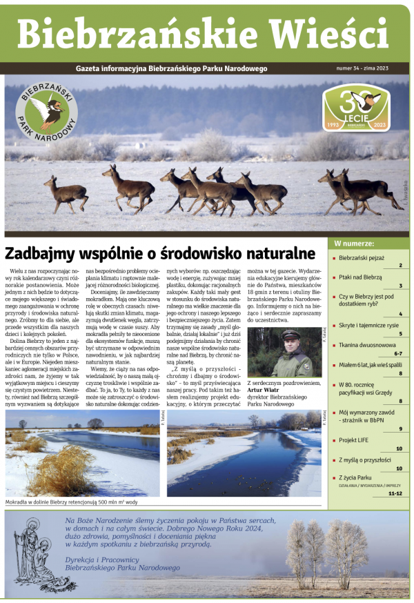 Pierwsza strona gazety ze zdjęciami prezentującymi m.in. dyrektora Biebrzańskiego PN, stado łań i rzekę Biebrzę w zimowej...