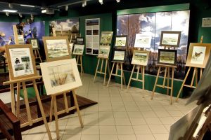 Ogólny widok na prace malarskie ustawione na sztalugach w sali ekspozycyjnej siedziby Parku.